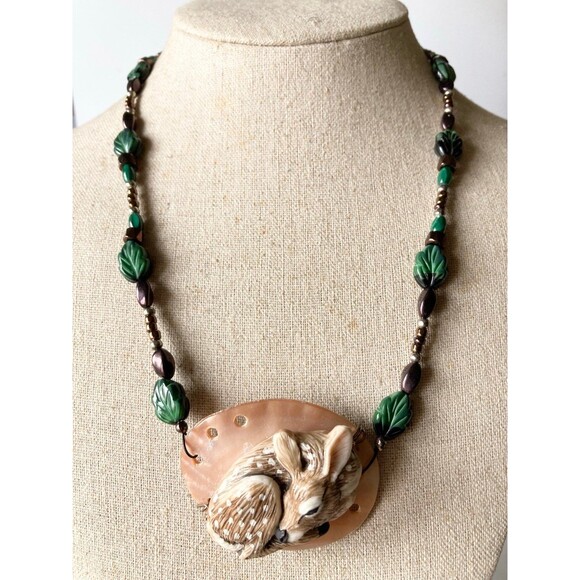 Vintage handmade sterling malachite glass abalone abalone deer Necklace 20”